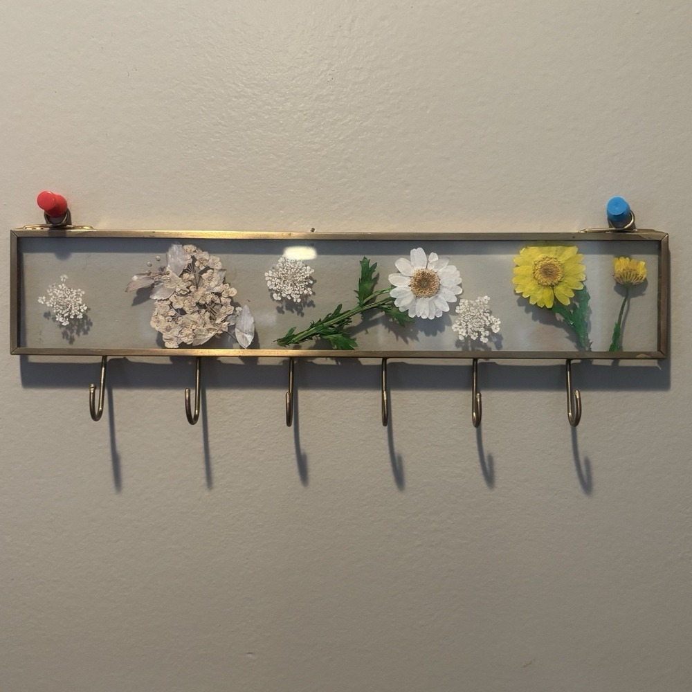 Vintage Hanging Pressed Flower and Brass Jewelry or Key Organizer Hooks